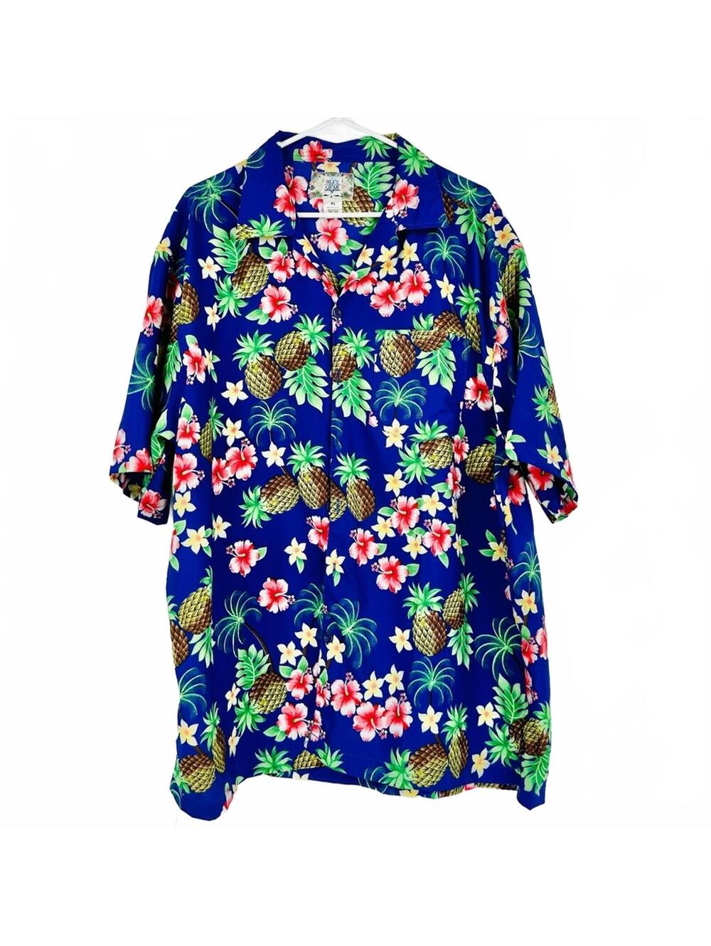 Hawaiian Men's Blue Shirt Pineapple Plumeria Palm Tree Size XL